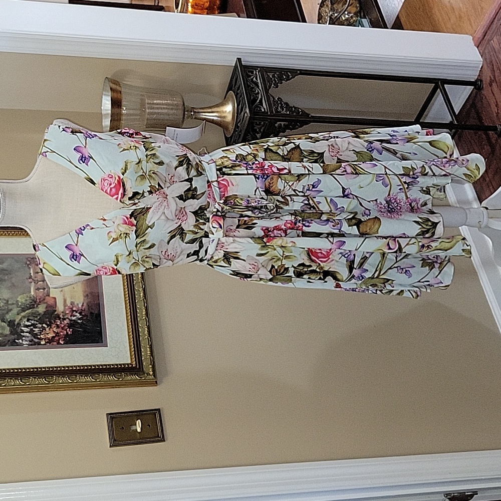 DN Design pink green floral sleeveless dress fit & flare tie waist Vneck 10 NEW…